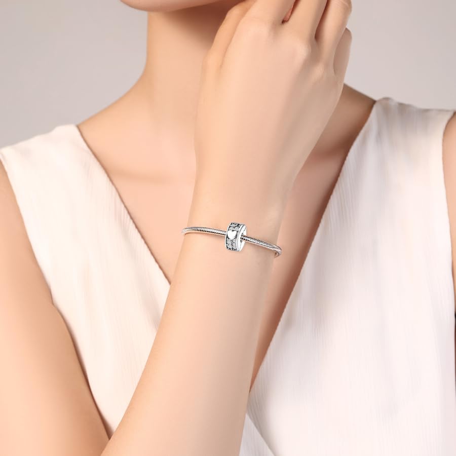 925 Sterling Silver Openable Clip Spacer Bead Fits Pandora Bracelet | Hypoallergenic Clip Stopper Charm, Star Clover Butterfly Floral Mom Heart Paved Zircon Gift for DIY Charm Bracelet Jewelry - color: Heart