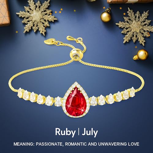 Linawe Crystal Imitation Diamond Rhinestone Charm Bracelets for Women, Gold/Silver/Rose Gold Adjustable Chain Bracelet, Teardrop Birthstone Cubic Zirconia Prom Costume Wedding Jewelry - color: Gold,July