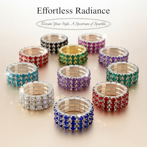 Sparkling Rhinestone Ring Set Trendy Elastic Rhinestone Crystal Stretch Ring Stackable Jewelry for Women Girls - color: 10 Colors in One