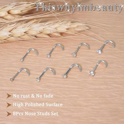 15PCS 14K Gold Plated Nose Rings Studs Set for New Piercing Beginners - color: 8pcs/Screw/20G/Silver