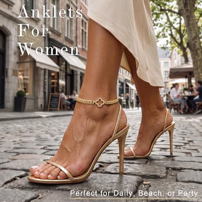 Moodear Gold Ankle Bracelets for Women Waterproof,14K Gold Plated Anklets | Waterproof, Non Tarnish Cuban Link Anklets, Trendy Jewelry Accessories for Summer Vacation, Beach Gifts for Women - style: Cuban CZ Four Clover