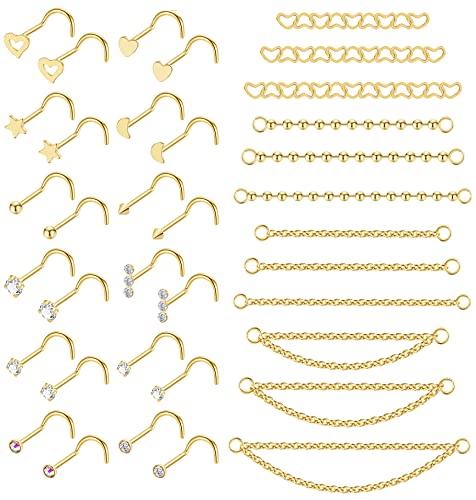 20G Stainlesss Steel Nose Rings Stud Nose Chain Piercing Across Double Nose Stud Womens Nostril Piercing Jewelry - color: Screw Shaped Gold