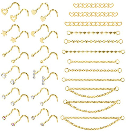 20G Stainlesss Steel Nose Rings Stud Nose Chain Piercing Across Double Nose Stud Womens Nostril Piercing Jewelry - color: Screw Shaped Gold