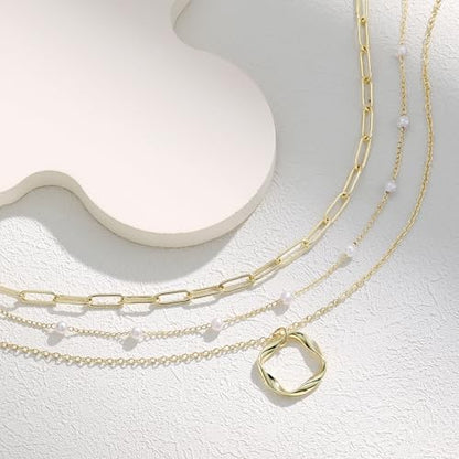 Evabelle Gold Layered Necklace for Women Trendy Jewelry 14K Real Gold Plated Chunky Chain Stackable Necklaces Dainty Choker Necklaces Rectangle Square Pendant - color: Gold Necklace 08-C
