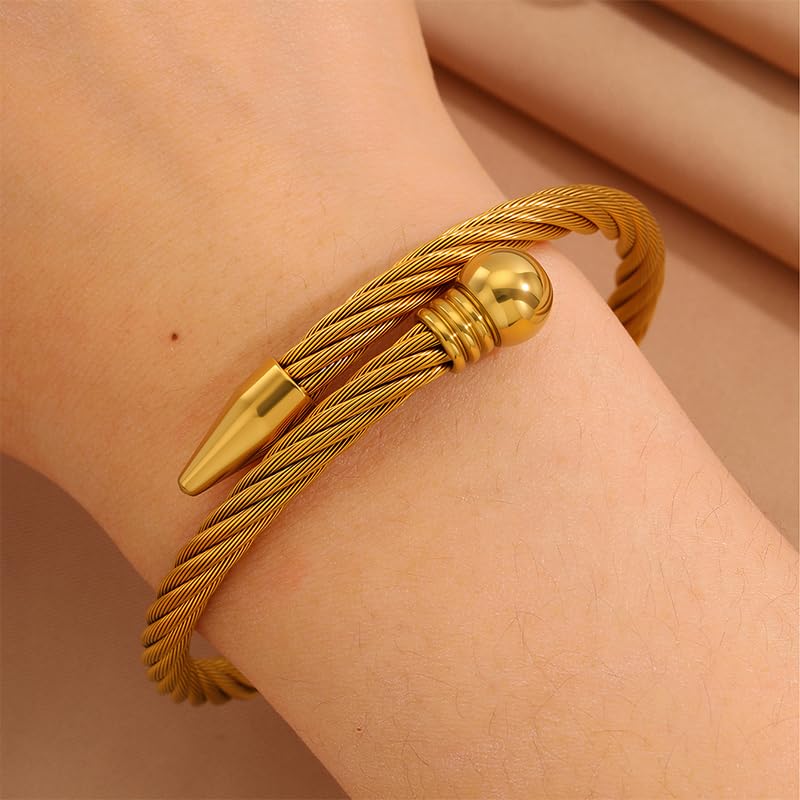 Modern Gold Bracelet for Women – Stainless Steel Braided Steel Bead Nail Bangle, Edgy Industrial Design, Everyday Fashion Jewelry