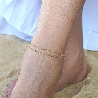 Pencros Dainty Layered Anklet,14K Gold Filled Cute Beads Satellite Chain Heart Boho Adjustable Anklets for Women - color: Layer Satellite Chain Gold