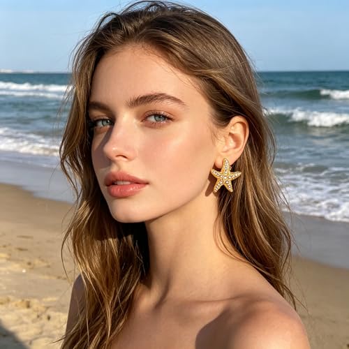 Gold Statement Earrings For Women, 14K Gold Plated Textured Geometric Drop Earrings - Hypoallergenic Stainless Steel Statement Earrings for Women, Waterproof Fan-Shaped Dangle Earrings for Beach & Daily Wear - color: Starfish CZ DKE252030GL