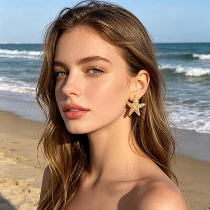Gold Statement Earrings For Women, 14K Gold Plated Textured Geometric Drop Earrings - Hypoallergenic Stainless Steel Statement Earrings for Women, Waterproof Fan-Shaped Dangle Earrings for Beach & Daily Wear - color: Starfish CZ DKE252030GL