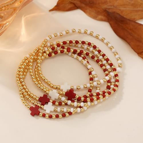 Gold Beaded Bracelets for Women Stackable Boho Gold Plated Colorful Seed Beads Ball Cross Bracelets Stack Elastic Stretch Trendy Jewelry Accessories Non Tarnish Friendship Christian Gift - color: Red White