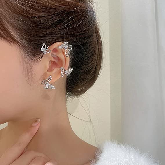 BETHYNAS Glitter Rhinestone Butterfly Flower Ear Cuff Sparkly Non-Pierced Crystal Tassel Fake Earrings Climber Lady Ear Wrap Bridal Party Ear Jewelry for Women and Girls - color: Silver Hollow Butterfly