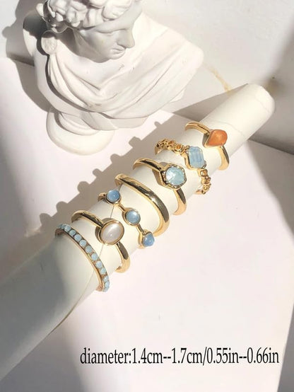7Pcs Vintage Crystal Knuckle Rings Bohemia Hawaii Stacking Opal Joint Rings Metallic Geometric Beach Retro Jewelry Summer Holiday Birthday Gift for Women Friends (Gold Plated)