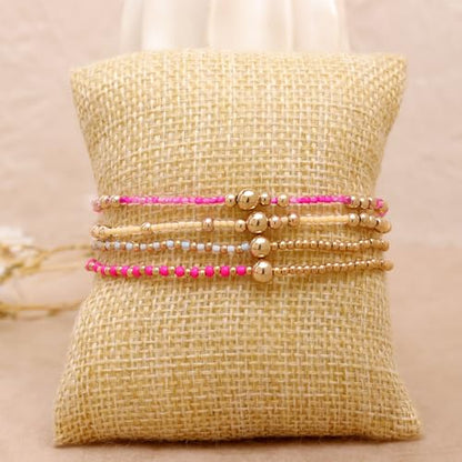 Gold Beaded Stackable Friendship Bracelets Set for Women, Handmade Boho Stretch Summer Jewelry Gift. - color: gold pink fuchsia white yellow