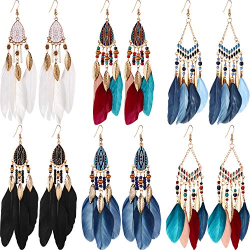 6 Pairs Women Faux Feather Earrings Dream Catcher Bohemian Fringe Tassel Long Drop Dangle Earrings Set with Design for Women - style: Style 1