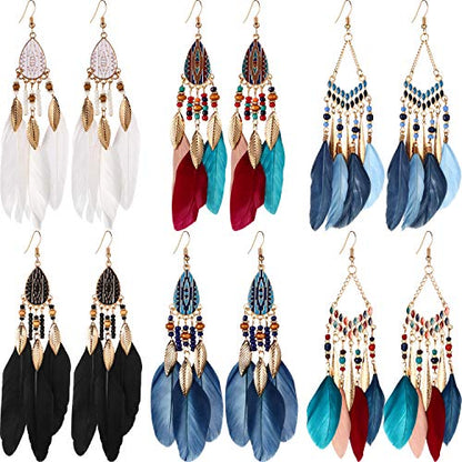 6 Pairs Women Faux Feather Earrings Dream Catcher Bohemian Fringe Tassel Long Drop Dangle Earrings Set with Design for Women - style: Style 1