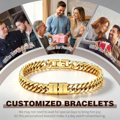 LAPE Custom Cuban ID Bracelet for Men with Engraved Name Stainless Steel | Custom engraved name beads, stainless steel Cuban chain, personalized men jewelry, gift for husband, dad, lover, friend
