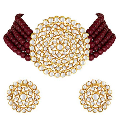 Aheli Pearl Diamond Choker Necklace & Round Earrings Gift for Women Indian Traditional Bollywood Fashion Bharatanatyam jewellery set - color: Maroon 3