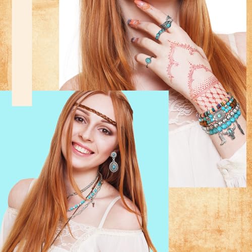 Ecally Bohemian Western Jewelry Turquoise Set Women Country Pendant Long Choker Layered Bracelets Earrings Ring for Women - color: Turquoise, style: Delicate