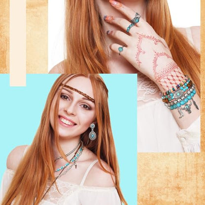 Ecally Bohemian Western Jewelry Turquoise Set Women Country Pendant Long Choker Layered Bracelets Earrings Ring for Women - color: Turquoise, style: Delicate