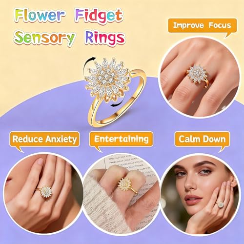 Sunflower Fidget Ring for Women Gold Anxiety Crystal Rings Cubic Zirconia Sunflower Open Adjustable Fidget Ring Spinner Sun Ring for Men Trendy Jewelry - color: Sunflower Gold