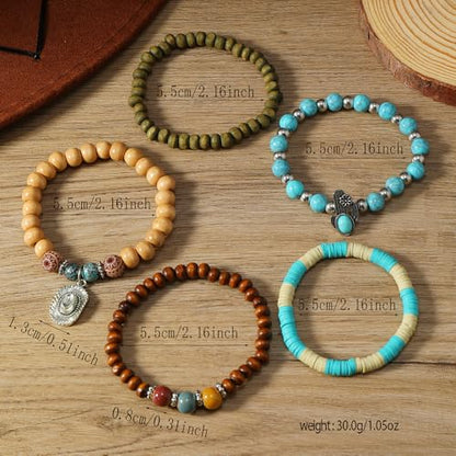 LOTSOF Western Turquoise Beaded Bracelet, Chic Stack Beaded Western Style for Country Concerts, Cowgirl Outfits & Boho Jewelry - color: A set of five hats