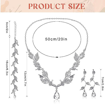 Wedding Jewelry Set for Women, Rhinestone Leaf Tiara Headband Crown Necklace Earrings Bracelet for Women - color: Silver