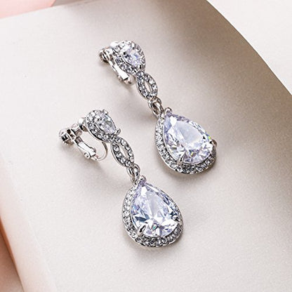 EVER FAITH Cubic Zirconia Wedding Earrings for Women Brides, Austrian Crystal Birthstone 8-Shape Infinity Bridal Dangle Earring - style: Clip-on_Clear Silver-Tone