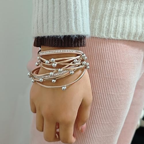 ZMANYIJEW Leather Wrap Bracelets for Women,Boho Cuff Bracelets Multi-Layer Crystal Beads Cuff Bracelet Multilayered Leopard Leather Braided Bangle Wrist Cuff Bangles - style: bead-champagne