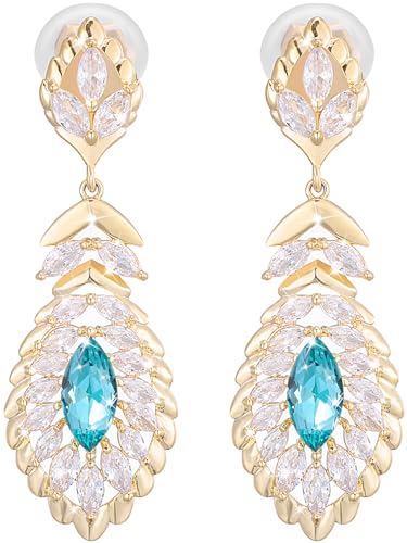 Clip On Crystal Dangle Non Pierced Earrings for Women 14K Gold Plated Jewelry - color: Dec-Turquoise-14K Gold