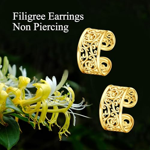 Celtic Knot/Celtic Knot/Bat/Filigree Viking Earrings 925 Sterling Silver Non Piercing Ear Cuff Earrings Cool Earring Cuff for Women Men - color: filigree-B-Gold