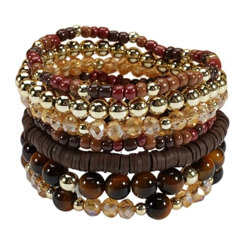 7/12Pcs Set Bohemian Stackable Crystal Seed Beaded Elastic Stretch Bracelet Multilayerd Handmade Brass Bead for Women Jewelry Surfer Heishi Polymer Clay Layering - color: brown