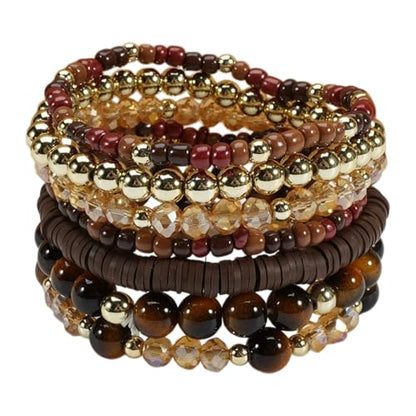 7/12Pcs Set Bohemian Stackable Crystal Seed Beaded Elastic Stretch Bracelet Multilayerd Handmade Brass Bead for Women Jewelry Surfer Heishi Polymer Clay Layering - color: brown