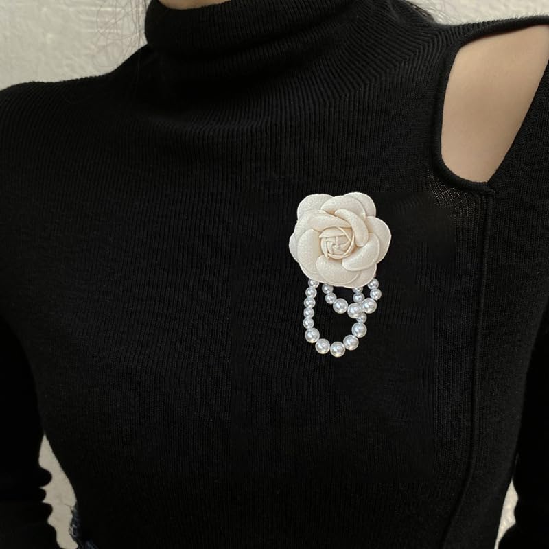 Elegant Camellia Flower Faux Pearl Brooch Pin,Bohemian Fabric Flower Brooch Pins Pearl Tassel for Women Teen Girls, Corsage Wedding Brooches Clothes Dress Coat Accessories Jewelry Gift
