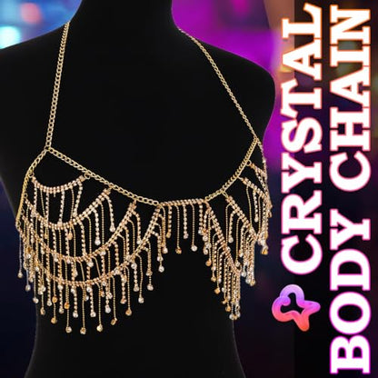 REETAN Rhinestone Fringe Bra Chain Gold Fashion Rave Body Jewelry for Women