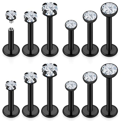 16G Internal Thread Flat Back Earrings Nose Studs 316L Surgical Steel Medusa Labret Monroe Lip Ring Tragus Forward Helix Conch Cartilage Lobe Earrings Stud Piercing Jewelry For Women Men - color: Black-Clear CZ