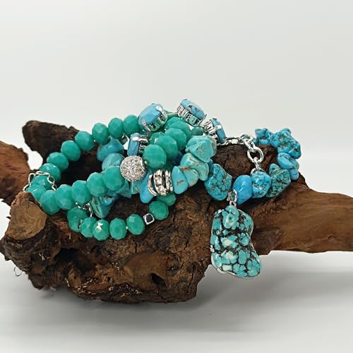 Yomisa Boho Beaded Bracelets/Bangle for Women,Multilayer 5/6/7PCS Healing Natural Handmade Stone Bead Bracelets Stackable Stretch Friendship Beaded Bracelet Set Trendy Western Bohemian Jewelry Gift - color: 5pcs-Turquoise
