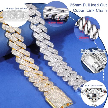 Ucciyo 30MM/25MM Cuban Link Chain for Men, Luxury Iced Out Diamond Chain | Luxurious Diamond-Simulated, Large Miami Cuban Style, 18K Gold Plated - color: 25MM-Silver, size: 20 Inch