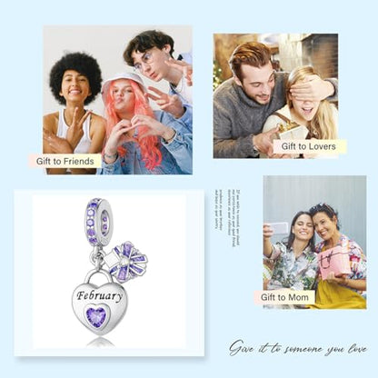 Love Heart Birthstone Dangle Charms Compatible with Pandora Bracelets | 925 Sterling Silver 5A Cubic Zirconia Mother's Day Christmas Birthday Birthstone Gifts Bead Charm Pendants Women Jewelry - color: February Dangle Birthstone Charms