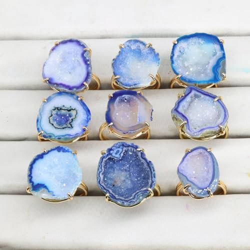Elegant Geode Druzy Gemstone Statement Ring for Women, Adjustable Ring, Gold Plated Stone Size 20-25mm - color: Blue, style: 1