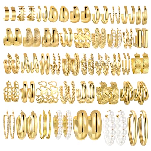 42 Pairs Gold Hoop Earrings Set for Women, Hypoallergenic Multipack Small to Chunky Hoops, Pearl & Twisted Trendy Earrings for Everyday Wear & Mothers Day Gifts - color: Gold-42 pairs-chunky