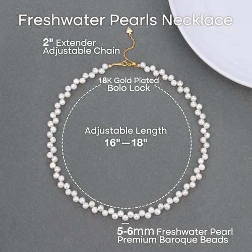 Natural Pearls Necklace, Freshwater Baroque Pearls Necklace for Women's Pearl Strand Choker Necklace 18K Gold Plated & S925 Sterling Silver Clasp White Necklace Chain - color: White Side-Drilled, 5-6mm, 18KGP Lock