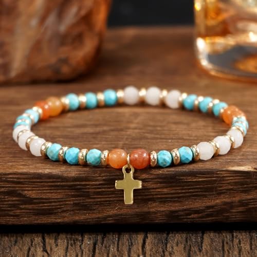 Christian Colorful Natural Gemstones Stone Seed Beaded Bracelets for women Men, Handmade Gold Cross Healing Crystal Jewelry, Lucky Amulet Faith Daily Party Friendship Holiday Gift - color: Blue Celestite