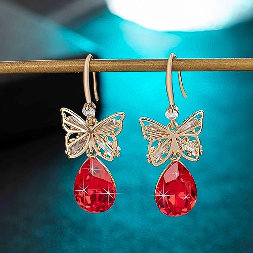 Austrian Crystal Teardrop Butterfly Drop Dangle Earrings for Women 14K Rose Gold Plated Hypoallergenic Jewelry - color: Red