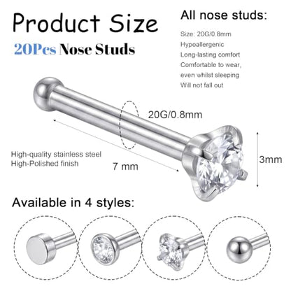 20Pcs 20G Nose Rings Studs for Women Surgical Steel Straight Nose Rings | Cubic Zirconia Nose Bone Studs Small Stud Nose Ring Stuf Body Piercing Jewelry for Women Men