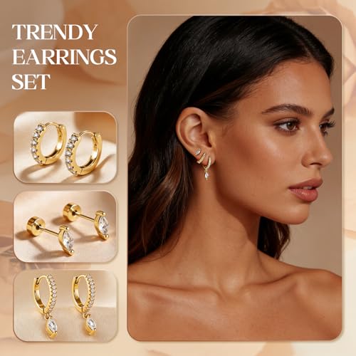 14K Gold Hoop Dangle Stud Earrings Surgical Steel Helix Piercing | Hypoallergenic,Cubic Zirconia,3 Pairs Huggie Hoop Set for Women,Dangle Stud,Cartilage Tragus Conch Earring,Jewelry Gift - color: A1-Gold Marquise Cut CZ