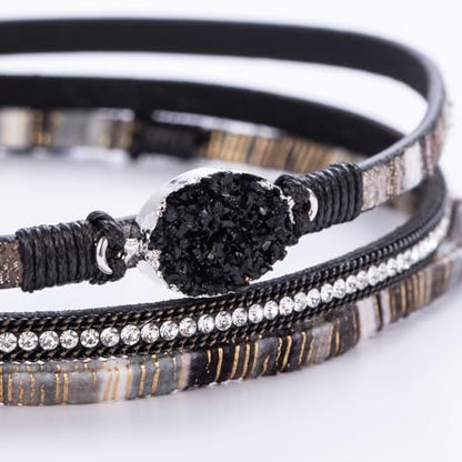 Boho Chunky Leather Wrap Bracelets Stackable Beaded Western Country Jewelry | Crystal Bead Trendy Layered Cuff Magnetic Clasp Stack Bohemian Statement Costume Outfits Cowgirl Fashion Hippie Accessories - color: Boho Black, size: 14.7"