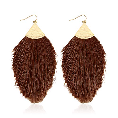Bohemian Silky Thread Fan Fringe Tassel Statement Earrings - Lightweight Strand Feather Shape Dangles - color: Feather Fringe - Brown