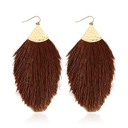 Bohemian Silky Thread Fan Fringe Tassel Statement Earrings - Lightweight Strand Feather Shape Dangles - color: Feather Fringe - Brown
