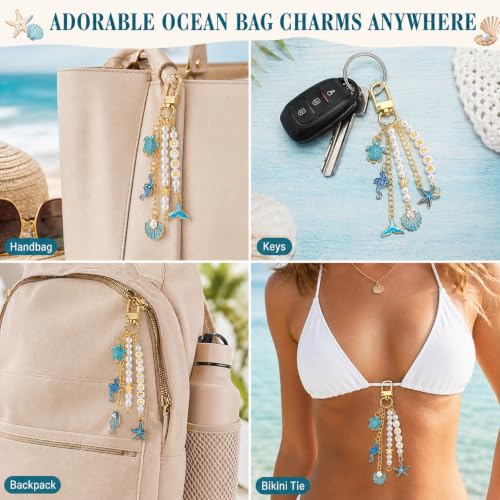 XUHAO7 781Pcs DIY Keychain Making Kit Beach Crafts Set | Seashell Starfish Pearl Letter Beads with Tools & 5 Velvet Pouches, DIY Bag Charm Kit for Women Girl - size: Ocean