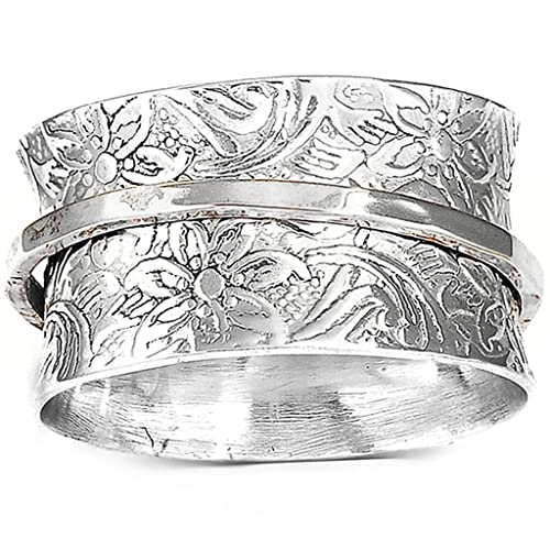 JUDE Stainless Steel Floral Pattern Chunky Size Rotating Spinner Band Ring - color: Silver
