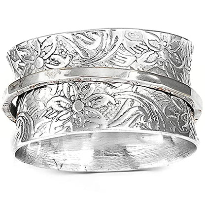 JUDE Stainless Steel Floral Pattern Chunky Size Rotating Spinner Band Ring - color: Silver